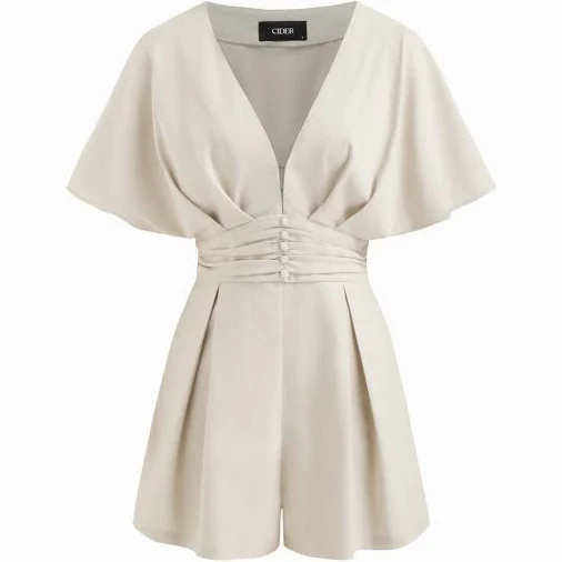 romper Linen-Blend V-Neck Ruched Pleated Romper Cider $37.9