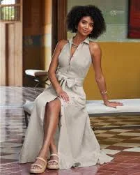 dress Linen Button Up Fit and Flare Halter Shirt Dress Flax Boston Proper $79.98