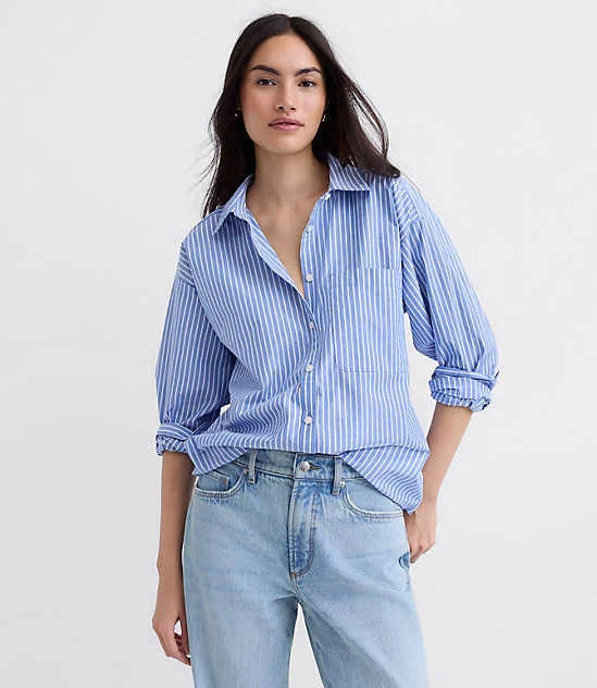 outerwear Loft Women's Oversized Striped Poplin Shirt with Pocket LOFT $34.97