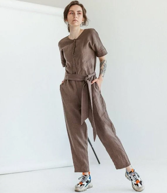 jumpsuit Loose Fit Linen Jumpsuit with Buttons Etsy - SandSnowLinen $145.2