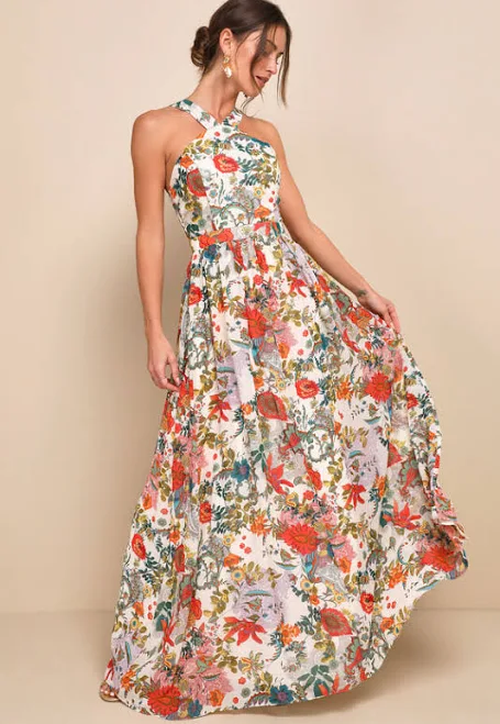 dress Lulus Beige Lilja Cream Floral Print Maxi Dress Womens Lulus $89