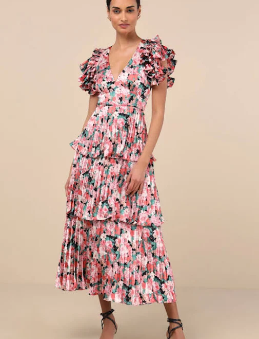 dress Lulus Floral Satin Pleated Tiered Midi Dress Lulus $24