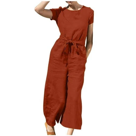 romper Maean Women's Loose Crew Neck Cotton Linen Jumpsuit with Pockets and Drawstring Walmart - Maean $13.78