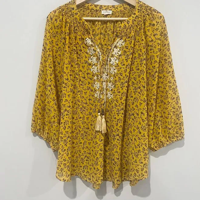 top Mason & Belle Mustard Yellow Peasant Top Embroidered Ditsy Floral Boho eBay $24