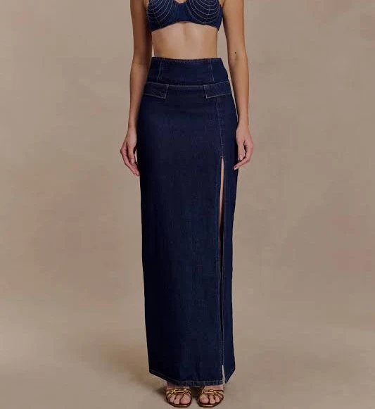 denim skirt Maylena High-Rise Denim Maxi Skirt meshki.us $115