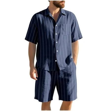 matching set Men's Lightweight Cotton Linen Blend Striped Shirt and Shorts Matching Set Walmart - Rvwovn Ltd. $24.53