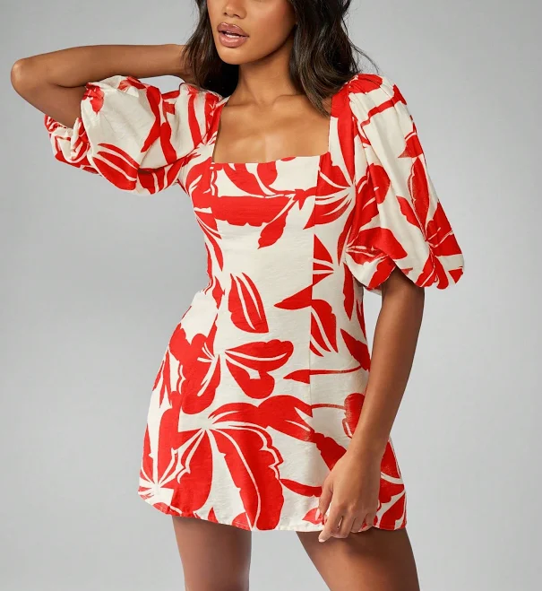 dress Missguided Floral Linen Square Neck Puff Sleeve Mini Dress missguided $22.56