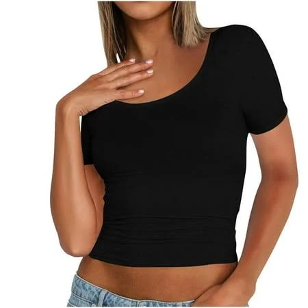 top Mittory Women's Scoop Neck Short Sleeve Ribbed Crop Top Walmart - Mittory Company $8.78