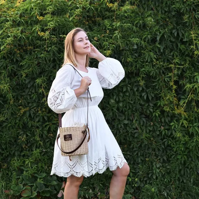 bag Modern Round Handmade Straw Crossbody Bucket Bag with Leather Strap Etsy - Medvilniukas $153.93