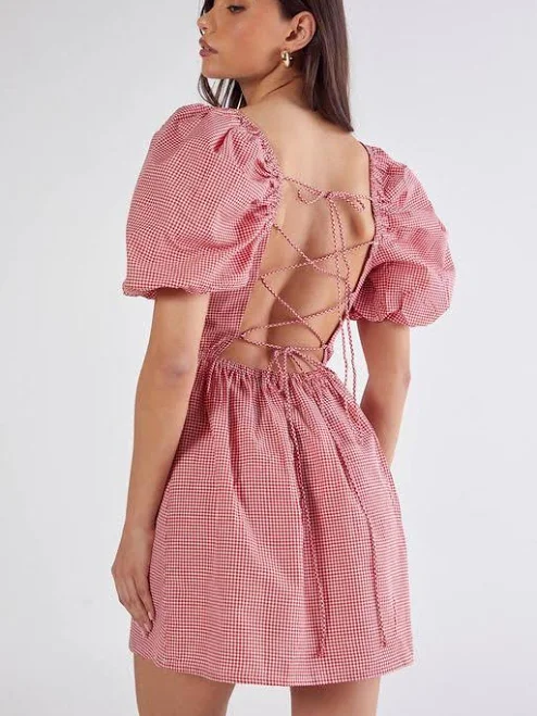 dress Nasty Gal Women's Gingham Puff Sleeve Tie Back Mini Dress Lyst $36.4