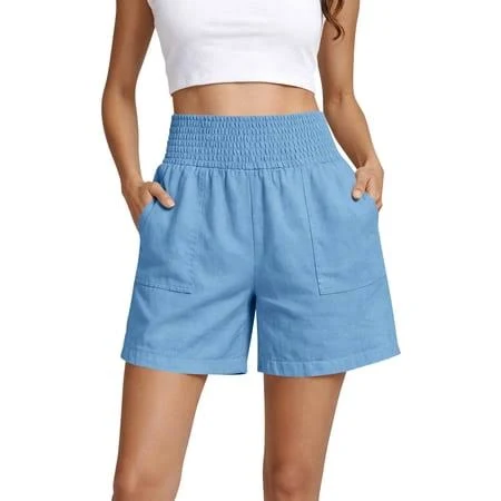 shorts Nestiefly Women's Summer Linen Shorts High Waisted Wide Leg Casual Beach Vacation Lounge Elastic Waist Shorts with Pockets Sky Blue S, Size: Small Walmart - Nestiefly $14.99