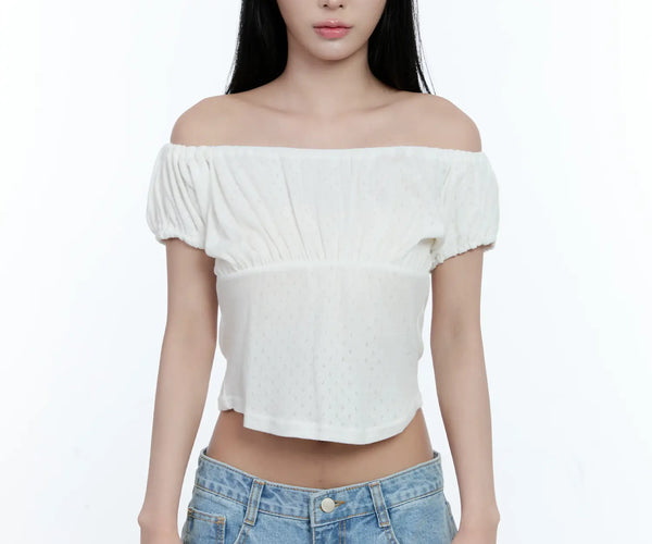 off-shoulder top Off-Shoulder Eyelet Puff-Sleeve Top CL530 lewkin $35.03