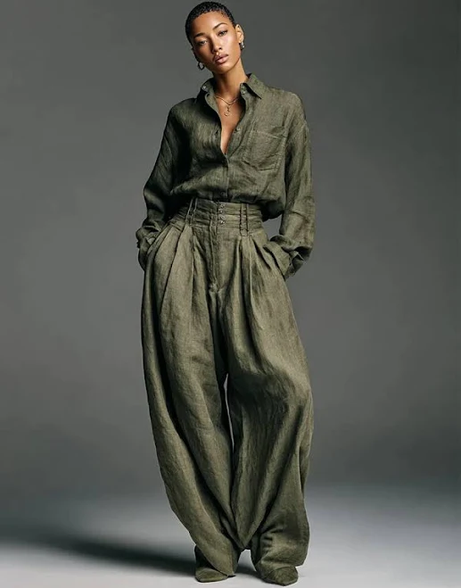 matching set Olive Green 2 Piece Set For Women Button Down Shirt And Retro High Waist Wide Leg Trouser milanoo $31.99