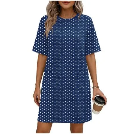 dress Perfectbot Women's Loose Fit Crew Neck Short Sleeve Polka Dot Dress with Pockets Walmart - Perfectbot Co. Ltd $9.95