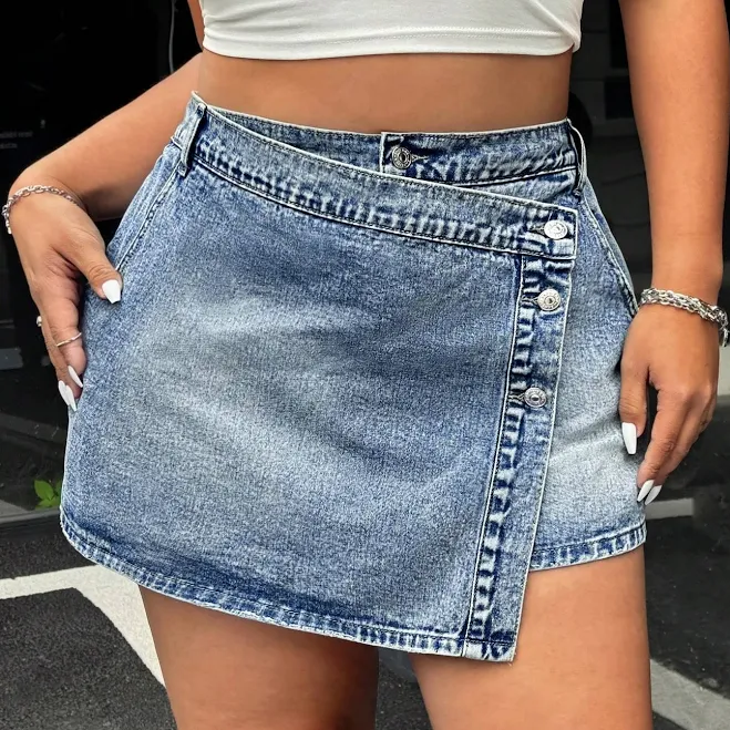 denim skirt Plus Size Fashion Versatile Asymmetric Denim Skirt Shein $23.17