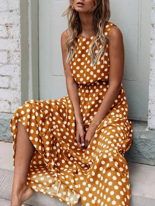 polka dots outfits Poundton Grace Round Neck Sleeveless Polka Dot Midi Dress Pin Up Girl Clothing $78