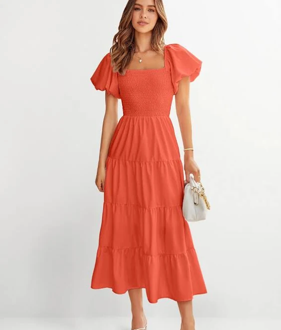 dress Prettygarden Women's Puffy Short Sleeve Square Neck Smocked Tiered Ruffle Dress PrettyGarden $49.99