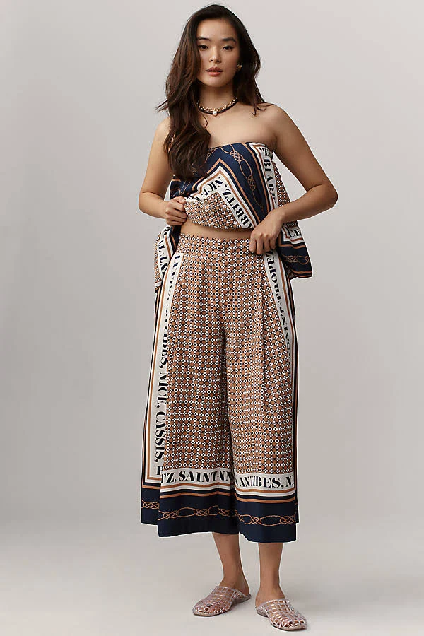 bottom Printed Pleated A-Line Culottes Pants by Maeve in Beige, Size: XS at Anthropologie Anthropologie $148