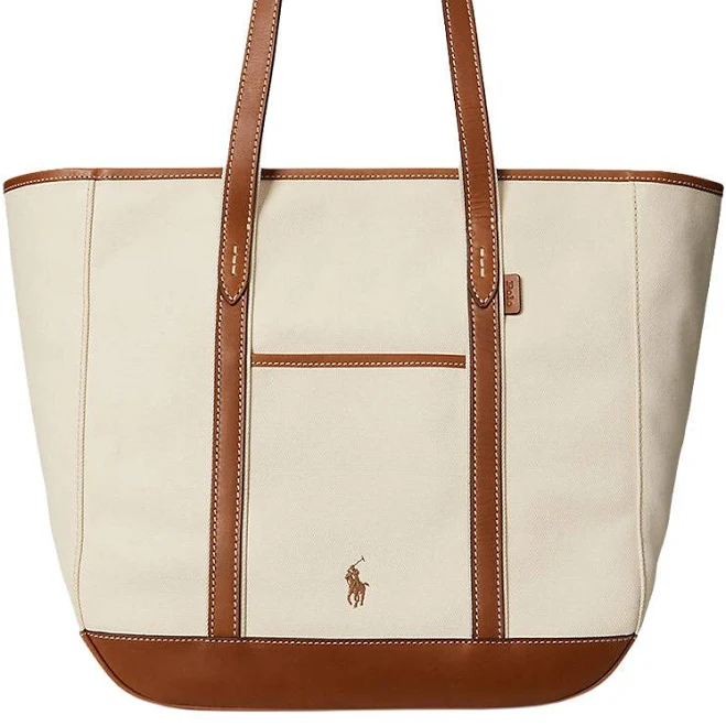 bag Ralph Lauren Women's Leather-Trim Canvas Medium Shopper Tote Bag fairwaystyles.com $298