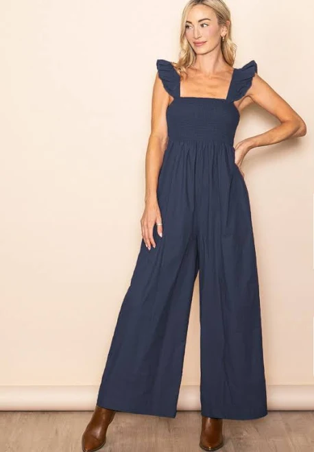 jumpsuit Ruffle Strap Smocked Wide Leg Jumpsuit PinkBlush Maternity $57