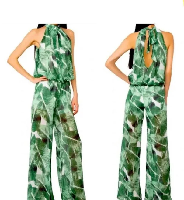 jumpsuit Sentimental Ny Halter Chiffon Tropical Green Palm Print Jumpsuit Sz M eBay - alexisjoeboxer $65
