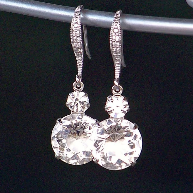accessory Sparkling Clear Crystal Dangle Earrings, Crystal Silver Drop Earrings Etsy - CJRoseBoutique $32