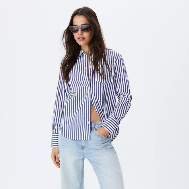 top Stradivarius Basic Striped Poplin Shirt with Pocket Stradivarius $35.9