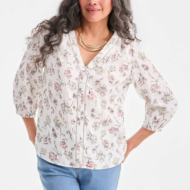 top Style & Co. Women's Cotton Gauze Printed V-Neck Blouse Macy's $38.67