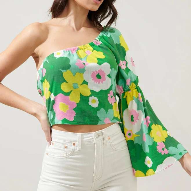 top Sugarlips Wrenly Floral One Shoulder Bell Sleeve Top Sugarlips $45
