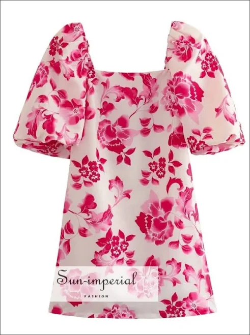 dress Sun-imperial Women's Floral Print Short Puff Sleeve Square Neckline Mini Dress Sun imperial Fashion $44.41
