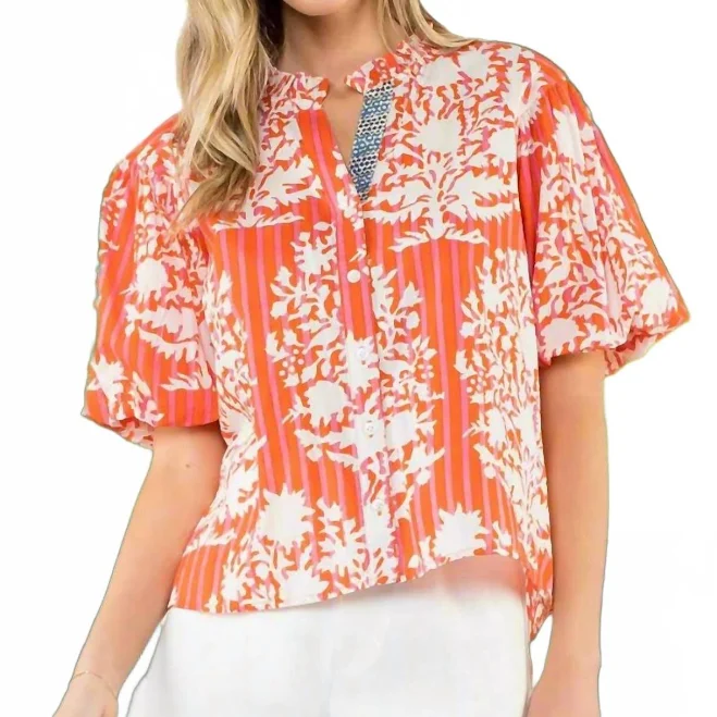 top Thml Coral Botanical Stripe Puff Sleeve Blouse ShopSimon $39.65