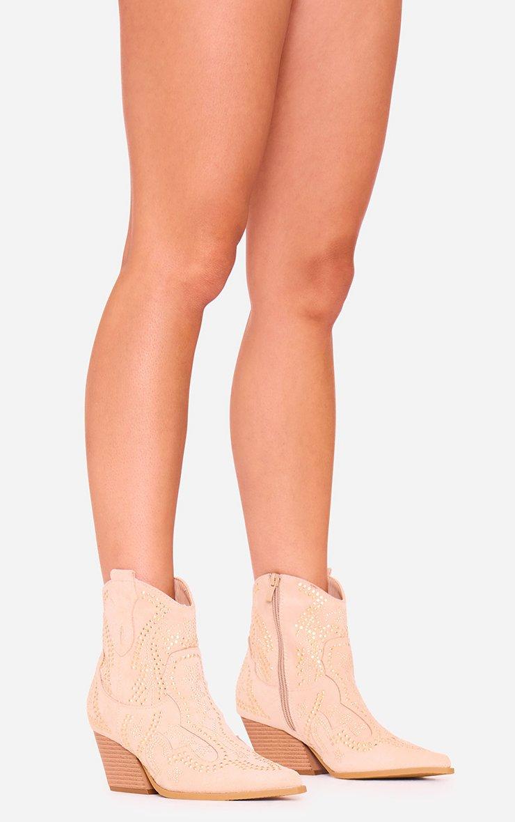 shoes Tommi Embroidered Detail Pointed Toe Ankle Cowboy Boot In Beige Faux Suede egoshoes.com $17