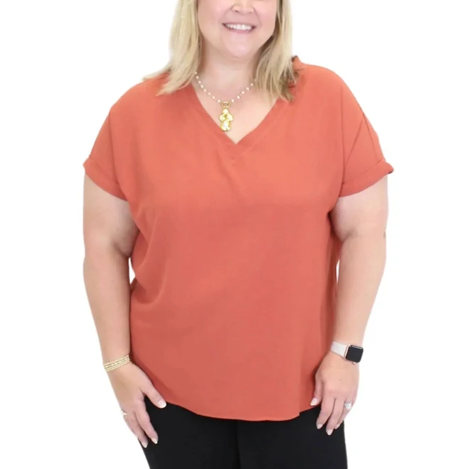 top V-Neck Cuffed Sleeve Top - Terracota, 2X Fruit of the Vine Boutique $21