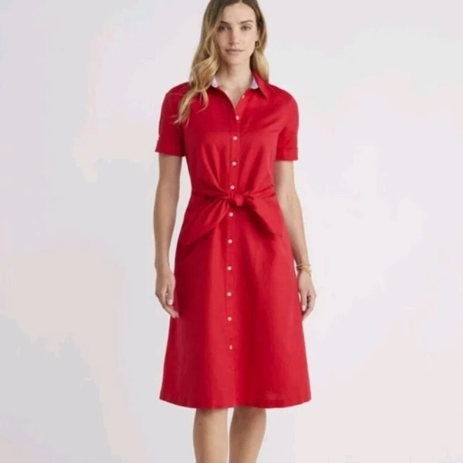 dress Vineyard Vines Red Linen Shirt Dress Sz 00 Button Front Tie Waist Midi eBay $48.64