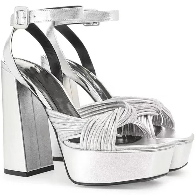 shoes WEDTREND Women's Metallic Silver Leather Block Heel Platform Sandals Wedtrend $58