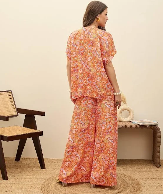 matching set Women Sassafras Orange Paisley V-Neck Top With Flared Pants noz2toz.com $17.67