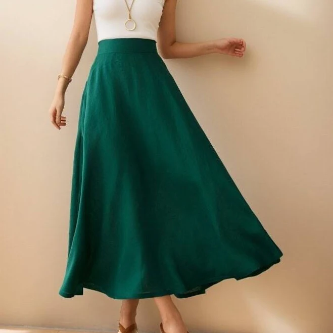 skirt Women's A-Line Linen Skirt with Pockets Etsy - xiaolizi $71.1