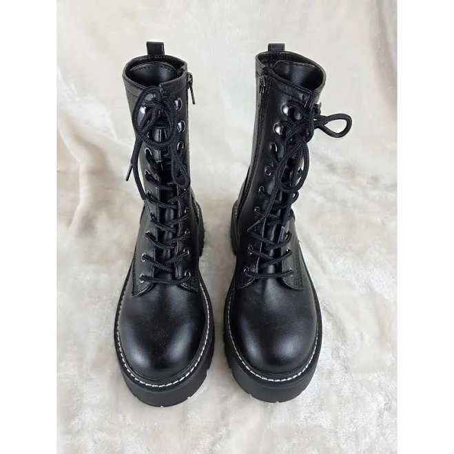 shoes Womens Black Faux Leather Lace Up Platform Combat Boots Chunky Sole eBay - bearstreasurehuntshop $30