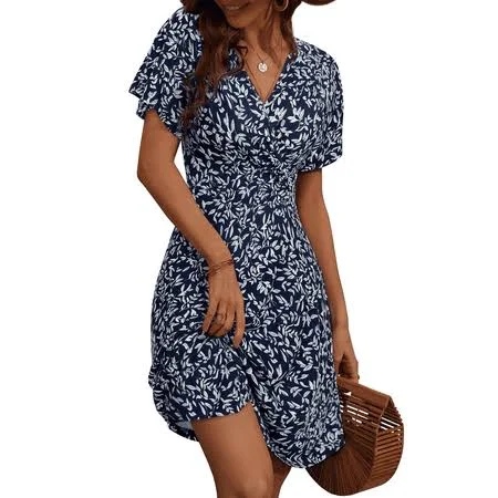 dress Women's Boho Floral Print Short Sleeve V-Neck A-Line Midi Dress Walmart - UVN Trendy $15.82