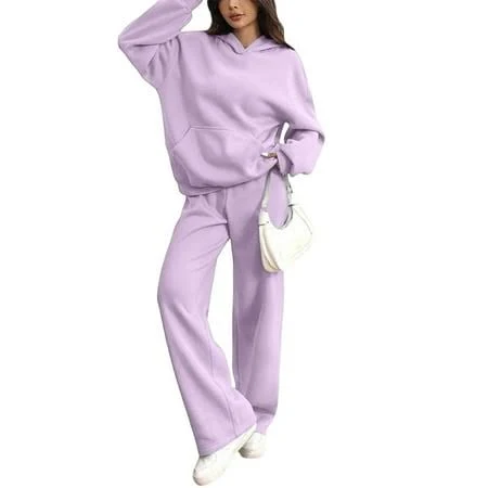 matching set Women's Casual 2 Piece Hoodie Sweatsuit Set Wide Leg Sweatpants Lounge Track Outfit Light Purple Walmart - mohiass $18.88