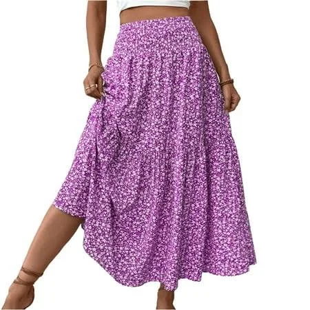skirt Women's Casual Boho Floral Smocked High Waisted Tiered Maxi Skirt with Pocket Walmart - mohiass $11.99