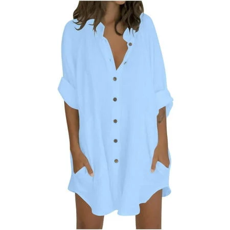 shirt dress Women's Casual Flowy Cotton Linen Midi Shirt Dress with Pockets Walmart - TrendyWear $17.49