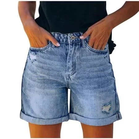 shorts Women's Casual Ripped Denim Shorts High Rise Distressed Rolled Hem Jeans Shorts Light Blue L, Size: Large Walmart - MMeadow $25.57