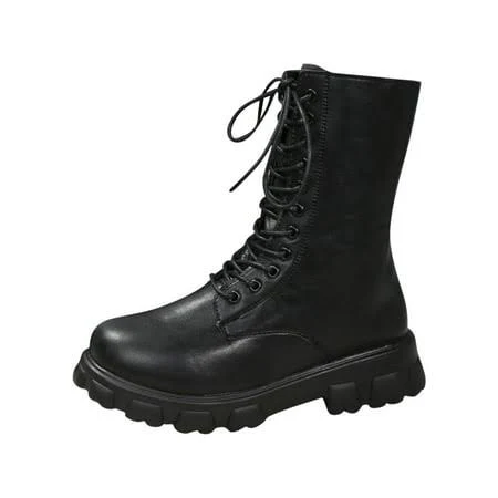 shoes Women's Chunky Lug Sole Lace-Up Mid-Calf Combat Boots Walmart - QQAMB2 $15.99