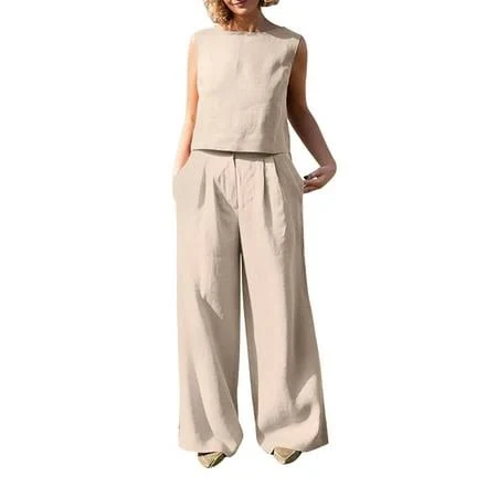 matching set Women's Cotton Linen Sleeveless Tank and Wide Leg Pants Lounge Set with Pockets Walmart - Lanyiu Co.Ltd $18.99
