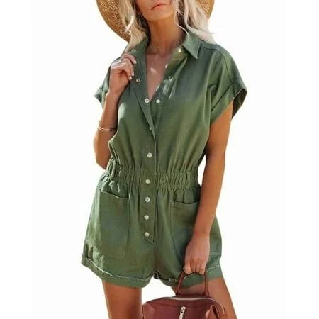 romper Women's Cuffed Sleeve Elastic Waist Cotton Jumpsuit Walmart - Hangzhou Fall Wheat Technology Co., Ltd. $32.98
