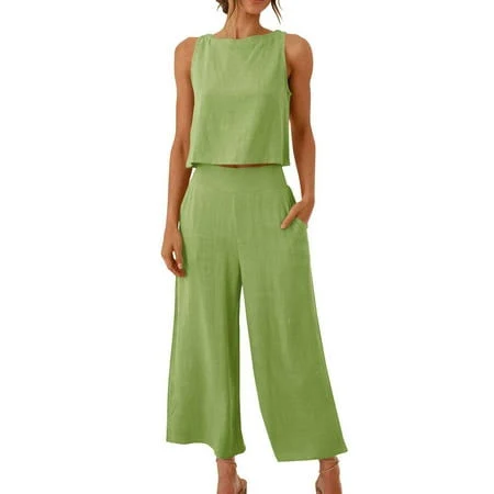 matching set Women's Elegant Cotton Linen Sleeveless Cropped Tank Top and High Waist Pants Set Walmart - UAMVSH Stores $16.98