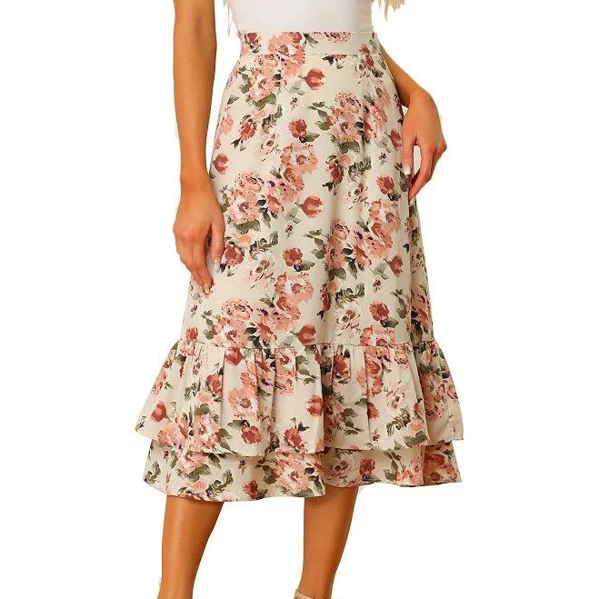 skirt Women's Floral Print Elastic Waist Ruffle Hem Midi Skirt, Size: Small, Beige Pink Floral Kohl's $37.99