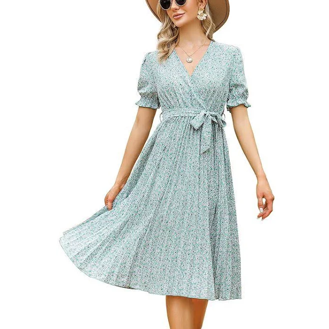 dress Women's Floral Print Wrap Dress with Puff Sleeves V-Neck Tie Waist Pleated Midi Dress, Size: Medium, Green Kohl's $32.99