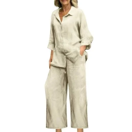 matching set Women's Linen Long Sleeve Button Shirt and Pants Outfit Walmart - gienakse $27.35